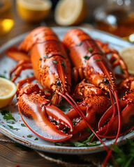 Close up two cooked boiled lobsters with sliced lemons serving on plate on wooden background, healthy seafood
