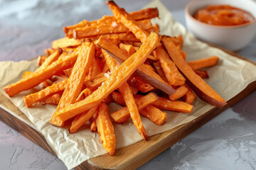 Close up baked sweet potato fries with sauce ketchup and salt on wooden cutting board, baking paper on grey concrete background, tasty chips