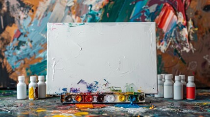 A blank canvas and set of acrylic paints, inviting viewers to unleash their artistic talents