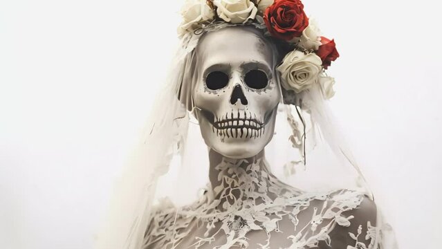 Skeleton woman in a wreath of flowers and veil.
Gnerated AI