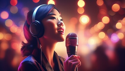 Japanische Frau singt in einen Karaoke Bar. 