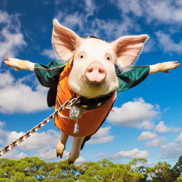 귀여운돼지가 슈퍼맨이되어 하늘을 날아다니는 모습