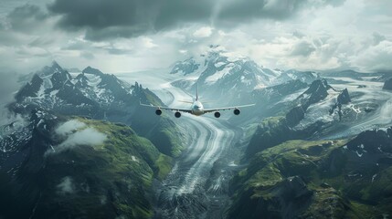 Highly detailed real-world photography showcasing the cargo plane flying over vast natural landscapes and geographic features as it crosses continents on its international journey - obrazy, fototapety, plakaty