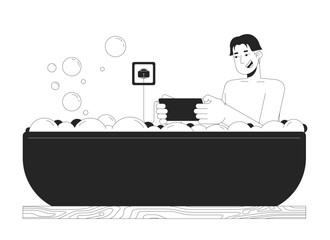Smiling asian man in smartphone in bath black and white 2D line cartoon character. Korean male using electrical device isolated vector outline person. Bathroom monochromatic flat spot illustration