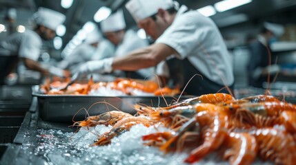 A captivating real-photo shot showcasing the meticulous craftsmanship involved in processing seafood for international export