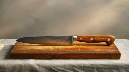 A chef's knife and cutting board, ready for culinary creations in a well-lit studio setting