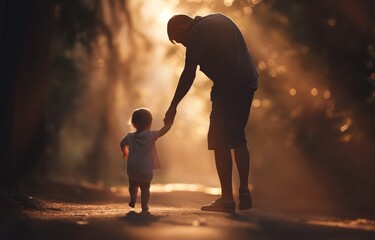 A loving father walking down the street with his little baby. Capture the moment of a father gently supporting his toddler's first steps bathed in soft back light. father-child bond. A young father