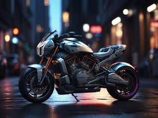 Arafed motorcycle parked on the street at night in the city, 8k octane 3d render, sitting on a cyberpunk motorbike design.