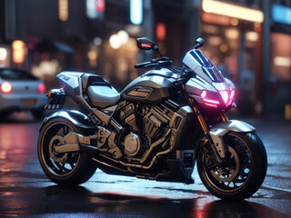 Arafed motorcycle parked on the street at night in the city, 8k octane 3d render, sitting on a cyberpunk motorbike design.