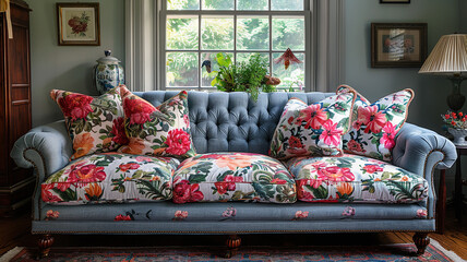 A whimsical floral-printed sofa chair with mismatched throw pillows, adding a touch of whimsy to a cottage-inspired living room.