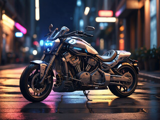 Arafed motorcycle parked on the street at night in the city, 8k octane 3d render, sitting on a cyberpunk motorbike design.