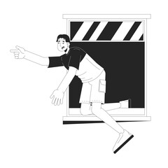 Careless asian man falling out of window black and white 2D line cartoon character. Surviving traumatic accident isolated vector outline person. Safety violation monochromatic flat spot illustration