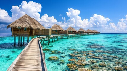 Beautiful tropical landscape with wooden water villas over of the Indian Ocean, Maldives island