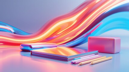Neon School Supplies in Flat Lay Composition on Dark Background