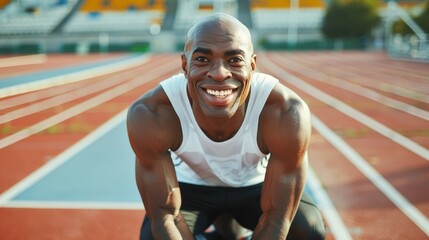 Happy Runner on Track Radiates Joy, Captured in Close-Up During Morning Training Session