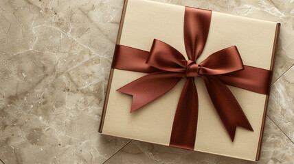 A brown ribbon is tied around a gift box