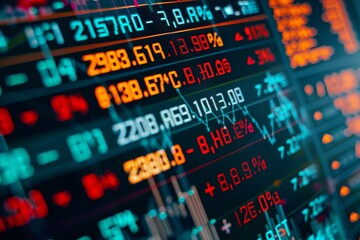 Obraz premium Stock Market and Financial Data Displayed on Trading Screen, Digital Display Highlighting Market Trends and Economic Indicators