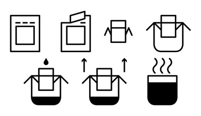 Drip coffee bag brewing instruction icons set for packaging design