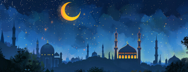 Naklejka premium Mosque, wallpaper and illustration with banner in Islam with mockup space or artistic with design in Dubai. Muslim, religion and landscape with Arabic country with eid poster for ramadan with night.