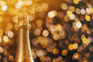 Closeup, champagne bottle, new year, night club and event for celebration, drink or party.