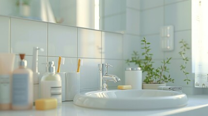 A bathroom sink with a white toothbrush, soap, and other toiletries on the counter, 3D illustration.