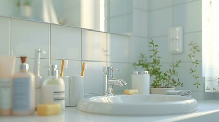 Fototapeta premium A bathroom sink with a white toothbrush, soap, and other toiletries on the counter, 3D illustration.
