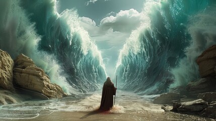 Moses parting the Red Sea, with towering walls of water on either side and a path emerging through the sea bed.