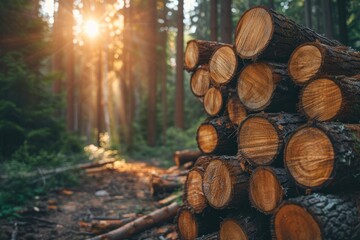 A pile of logs in a forest clearing. Impact of deforestation and climate change