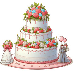 wedding cake with flowers vector cartoon illustration isolated on transparent background - Generative AI