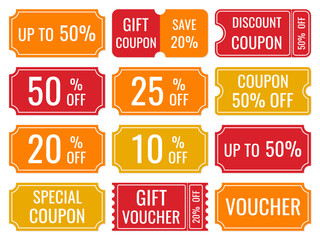 Set of coupons and vouchers for discounts in yellow, red and orange colors isolated on a white background, vector.