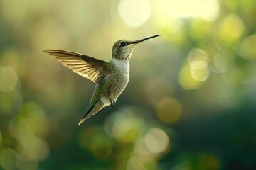 Hummingbird hanging in the air on blurred green background