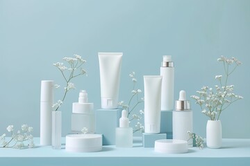 Different blank cosmetic containers with green plants on blue background