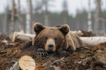 Deforestation, wood, bear on felled tree in forest. Environment, trees cutting and ecology.