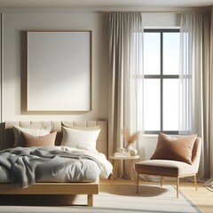 Mock up frame in cozy home interior background, coastal style bedroom, 3d render. Generative AI