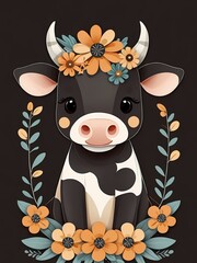 Floral Cute Baby Cow Nursery Generative AI Illustration Of