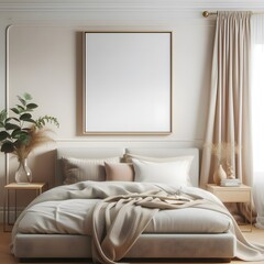 Mock up frame in cozy home interior background, coastal style bedroom, 3d render. Generative AI