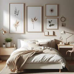 Mock up frame in cozy home interior background, coastal style bedroom, 3d render. Generative AI