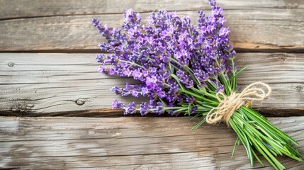 Bundled lavender flowers on rustic wooden background. Natural and rustic concept. Design for spa, wellness posters