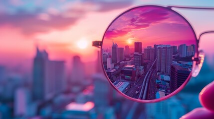 Peer through sunglasses to discover the mesmerizing sunset colors of a bustling cityscape. Dive into the world of vibrant urban photography