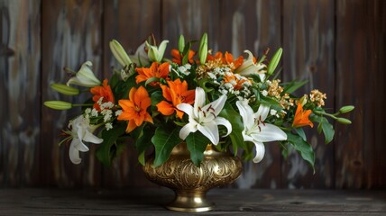elegant floral display in the colors of the Indian flag, with saffron marigolds, white lilies, and green leaves, arranged beautifully in a traditional Indian brass vase