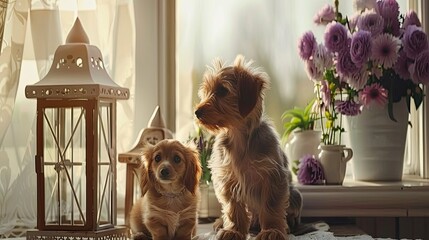 a cute dachshund and a cute red Maine Coon cat as they sit together against a backdrop of flowers,...
