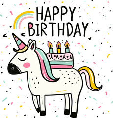 Charming illustration of a unicorn with a cake on its back, decorated with candles and hearts, perfect for birthday greeting cards.