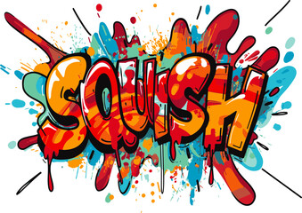 Capture the essence of comic book action with this 'SQUISH' illustration, featuring a colorful and energetic explosion background, great for dynamic designs and creative projects.