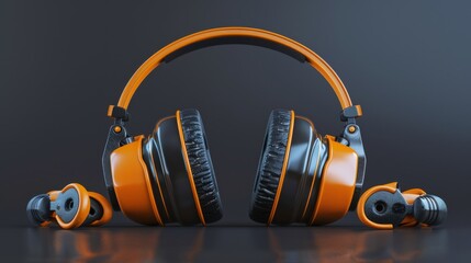 A pair of headphones with a black and yellow design. The headphones are sitting on a dark surface,...