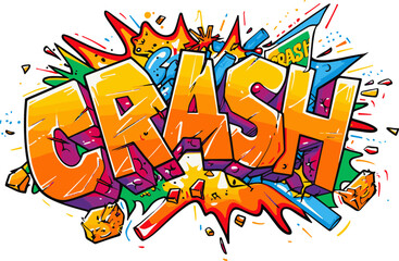 Vibrant 'CRASH' text in a comic book explosion style with vivid splashes, suitable for dynamic and impactful visuals.