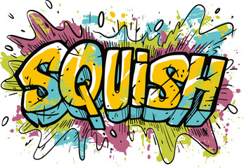 Capture the essence of comic book action with this 'SQUISH' illustration, featuring a colorful and energetic explosion background, great for dynamic designs and creative projects.