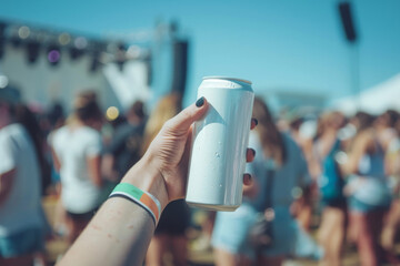 Woman holding a soda can at a music festival