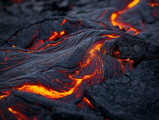 Close-up of molten lava with glowing red and orange streams amongst cooled black rock. - obrazy, fototapety, plakaty