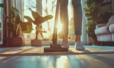 A woman is cleaning a carpet with a vacuum cleaner in a room flooded with sunlight. House cleaning concept.