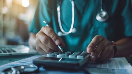 Fototapeta premium Doctors use a service fee calculator to save money on health insurance, drug cost concepts.